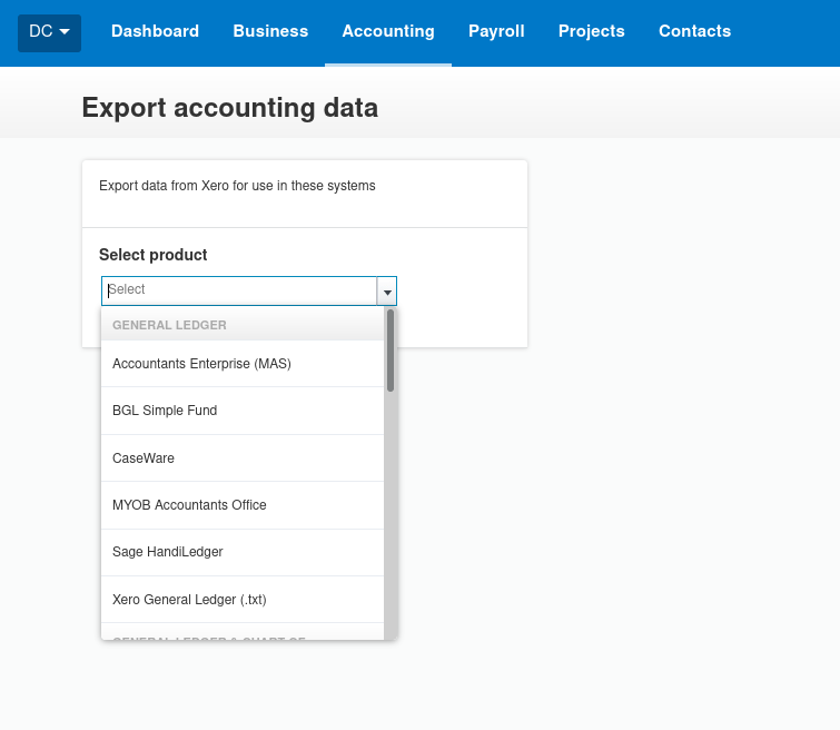 Xero data export screen